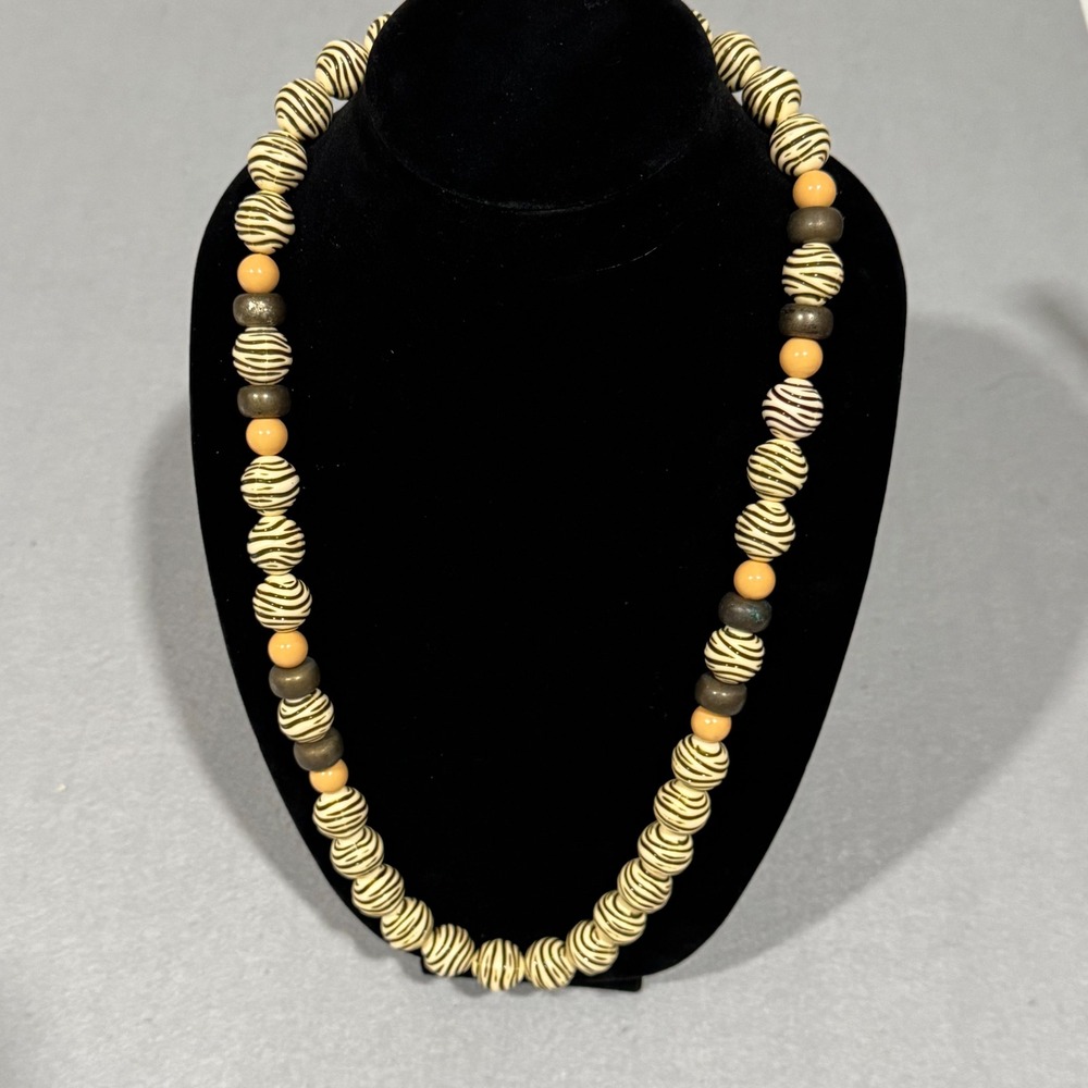 Vintage Bead Necklace Women Cream Brown Zebra Stripe Safari Boho 30 Inch
